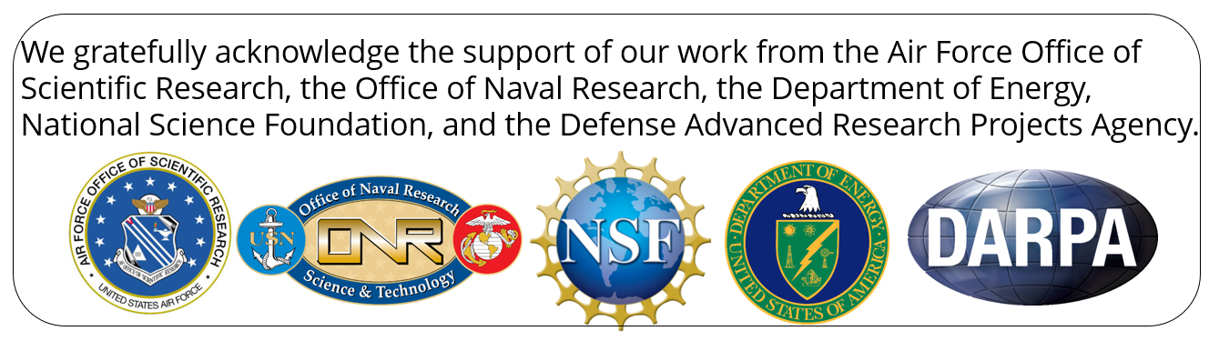 Sponsor logos-"Our work is sponsored by the Air Force Office of Scientific Research, the Office of Naval Research, the Department of Energy, National Science Foundation and the Defense of Advanced Research Projects Agency."